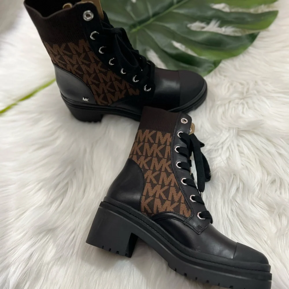 Michael Kors Brea Leather and Logo Jacquard Combat Boot ✨brand new✨ - Picture 6 of 10